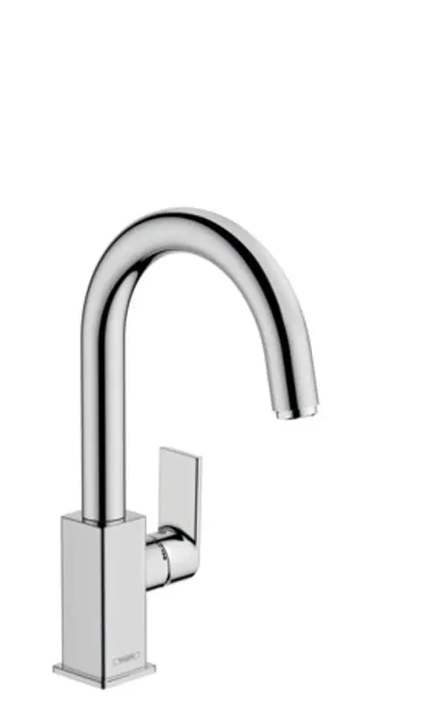 Hansgrohe-Waschtischmischer aus verchromtem Metall mit geschwungenem Auslauf und seitlichem Hebel für die Wassermengen- und Temperaturregelung.